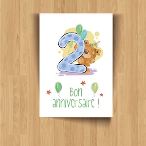 Carte anniversaire 2 ans - Carte postale recto verso pour enfant ou bébé, carte 1er âge, premier anniversaire