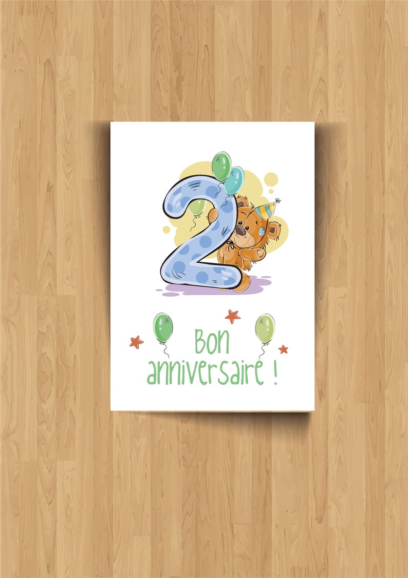 Carte anniversaire 2 ans - Carte postale recto verso pour enfant ou bébé, carte 1er âge, premier anniversaire image 1