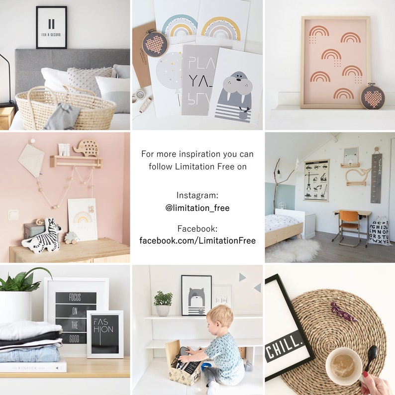 Puede incluir: Un collage de art&iacute;culos de decoraci&oacute;n del hogar, que incluye arte enmarcado con texto, estampados de arco&iacute;ris y una pieza enmarcada con la palabra "CHILL.". La imagen tambi&eacute;n presenta la habitaci&oacute;n de un ni&ntilde;o con una cama, un escritorio y arte decorativo de pared.
