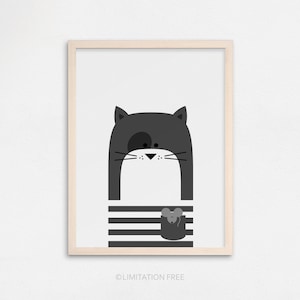 Arte de la pared de los niños, impresión del gato, impresión del vivero del animal, impresión de los niños, arte de la pared del animal para los niños, arte de la guardería del gato, decoración de la guardería gris, arte de la habitación de los niños
