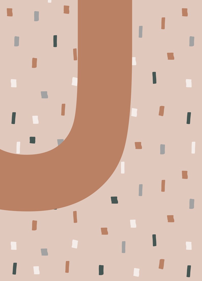 Puede incluir: Ilustraci&oacute;n digital abstracta con una gran forma curva de color &oacute;xido sobre un fondo beige claro. Peque&ntilde;as formas rectangulares blancas, grises, marrones y verde oscuro est&aacute;n dispersas por el fondo. El dise&ntilde;o es minimalista y moderno.