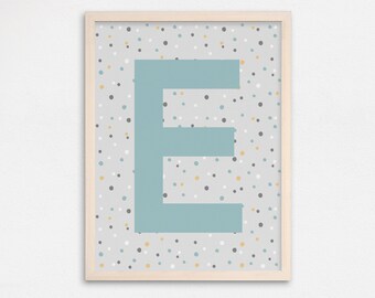 Impresión inicial para la habitación de los niños, arte de la guardería del niño, impresión del arte de la pared de los niños, decoración del vivero del monograma, impresión del vivero azul gris, impresión de la habitación de los niños, 30x40