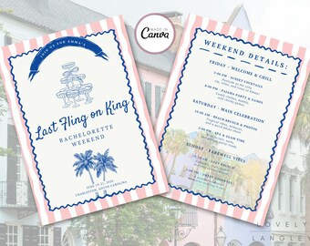May include: Two-page invitation for a bachelorette weekend. The left page reads "Last Fling on King" with event details. The right page lists weekend activities. Both pages have a pink and white striped border and blue accents.