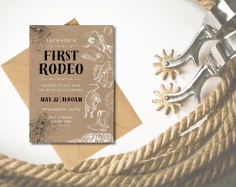 Convite de aniversário com tema de rodeio, cowboy do Velho Oeste (modelo editável do Canva)