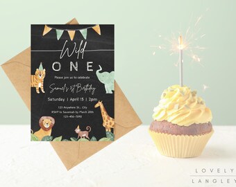 Wild One Birthday Invitation, Safari Jungle Animals, Editable (Canva Template)
