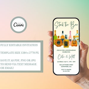 May include: A digital invitation on a smartphone screen for a housewarming party. The invitation is titled "Stock the Bar" and features a watercolor illustration of various bottles of alcohol. The invitation is for Catie & Matt and includes the date, time, and address of the party.