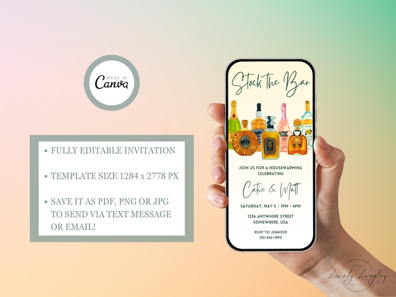 May include: A digital invitation on a smartphone screen for a housewarming party. The invitation is titled "Stock the Bar" and features a watercolor illustration of various bottles of alcohol. The invitation is for Catie & Matt and includes the date, time, and address of the party.