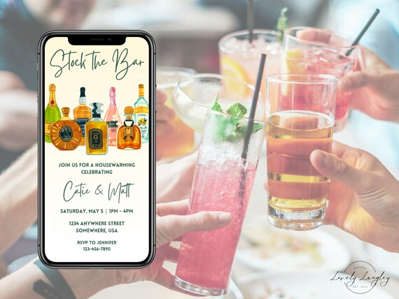 Stock the Bar Housewarming Invitation, Mobile Canva Template (Digital)
