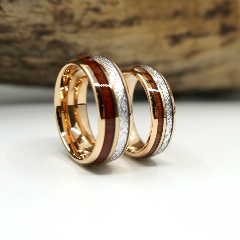 Meteorite & Tungsten Wedding Band Set Wood Rose Gold