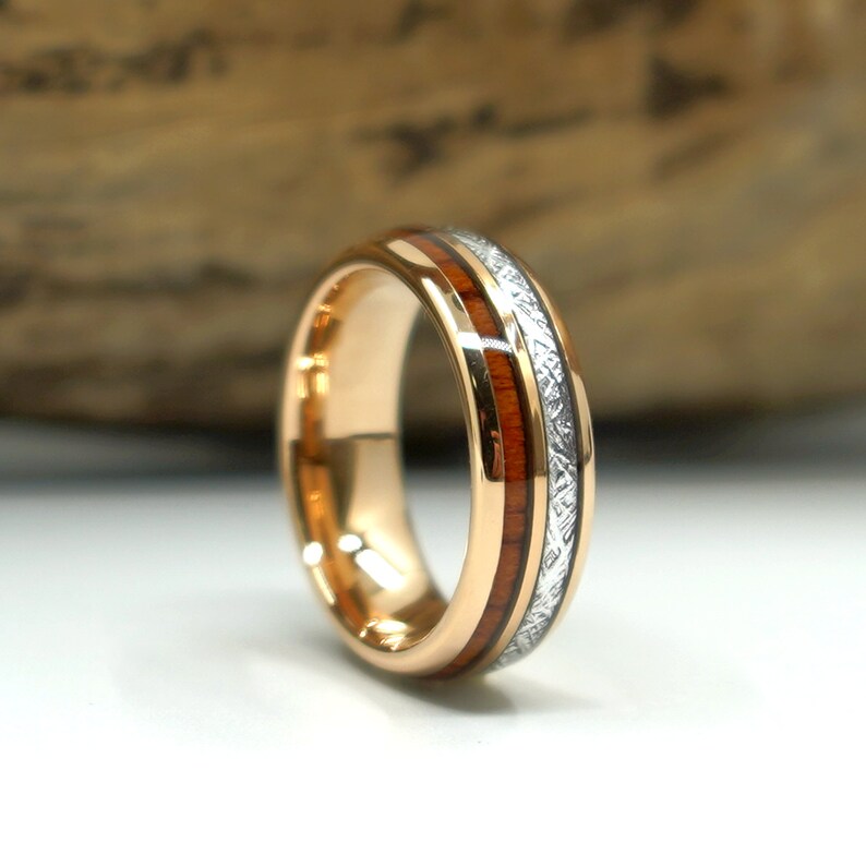 Meteorite & Tungsten Wedding Band Set Wood Rose Gold