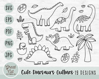 Cute Dinosaur Svg Bundle Hand Drawn Dinosaur Outlines Svg - Etsy