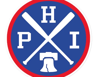 May include: A blue and red circle sticker with a white Liberty Bell, two crossed baseball bats, and the letters "PHI" and "H" in the center.