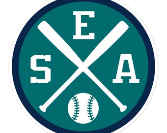 May include: A teal blue circle with a white outline and a navy blue inner circle. Inside the circle are two white baseball bats crossed in the center. A white baseball is in the center of the bats. The letters "E", "S", and "A" are in white and are placed around the bats.