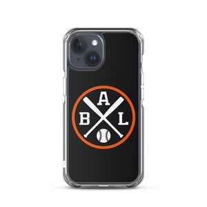 Könnte beinhalten: Eine transparente Handyhülle mit schwarzem Hintergrund und einem weißen Baseball-Logo mit gekreuzten Schlägern und den Buchstaben "ABL" in einem Kreis mit orangefarbenem Umriss.