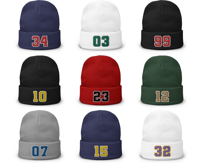 Custom Number Varsity Sports Player Winter Beanie Hat Cap