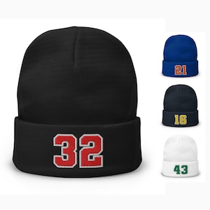 Custom Number Varsity Sports Player Winter Beanie Hat Cap