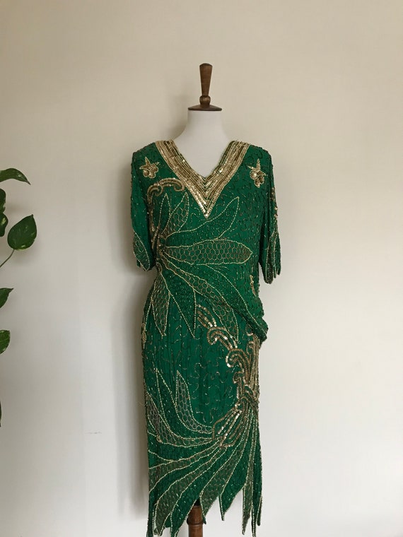 Sequined silk emerald top and skirt