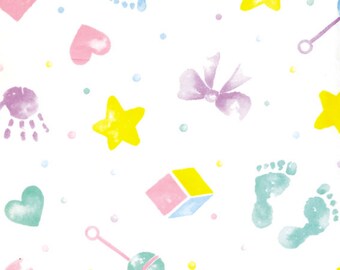 May include: A white background with a repeating pattern of baby-themed illustrations. The illustrations include stars, hearts, footprints, handprints, a bow, a rattle, and a block. The illustrations are in shades of pink, yellow, green, and purple.