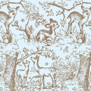 May include: A repeating pattern featuring a woodland scene with deer, birds, squirrels, and trees in a brown color on a light blue background. The design has a vintage, toile-like aesthetic, suitable for fabric or wallpaper.