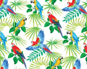 May include: A seamless pattern featuring colorful parrots and tropical leaves. The parrots are red, blue, yellow, and green, and the leaves are green and white.