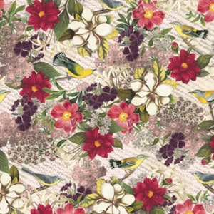 May include: A floral pattern featuring red dahlias, white magnolias, and small purple flowers. Yellow and gray birds perch among the blooms. The background has a subtle, textured appearance, with faint lines suggesting a vintage aesthetic.