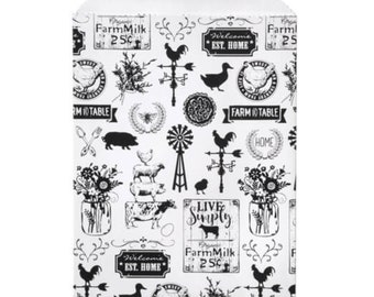 May include: Black and white patterned paper bag with a farmhouse theme. The bag features images of roosters, windmills, farm animals, and text that says "Farm to Table", "Welcome Est. Home", "Live Simply", and "Farm Milk 25¢".