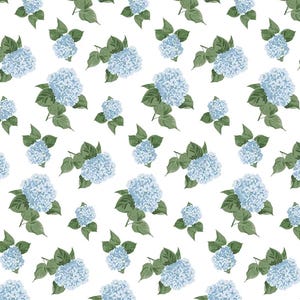 May include: A repeating pattern of light blue hydrangea flowers with green leaves on a white background. The floral design features detailed illustrations of the hydrangea blooms and foliage, creating a fresh and natural aesthetic.