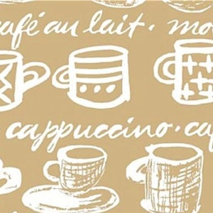 May include: A brown background with white illustrations of coffee cups and the text "cafe au lait, mocca, cappuccino, cafe".