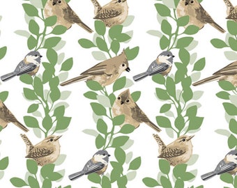 May include: A seamless pattern featuring various types of birds perched on green leafy branches. The birds are brown, gray, and white with different beak shapes and sizes. The background is white.