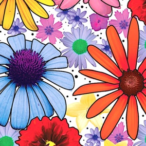 May include: A colorful floral pattern with a variety of flowers in shades of blue, red, yellow, orange, and purple. The flowers are arranged in a random pattern on a white background.