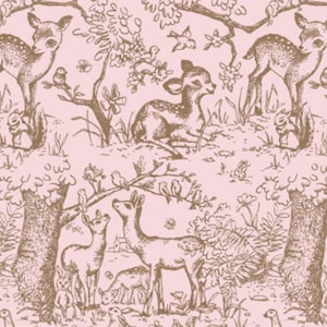 May include: A repeating pattern featuring a pink background with a detailed illustration of a forest scene. The design includes deer, birds, squirrels, trees, and foliage in a brown color, creating a whimsical and nature-inspired aesthetic.