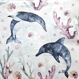 Set di 3 tovaglioli di carta per arte del decoupage / artigianato con la carta / vita marina / delfini che giocano animali acquatici e piante / decoupage marino F004