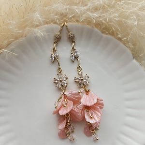 Long lightweight handmade Floral earrings with hand made petals of polymer clay | Pink gold earrings | Unique jewelry gift for her