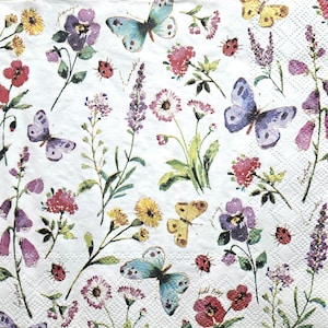 Set di 3 tovaglioli di carta per arte del decoupage / artigianato con veline di carta / fiori estivi e coccinelle farfalle su sfondo bianco A070