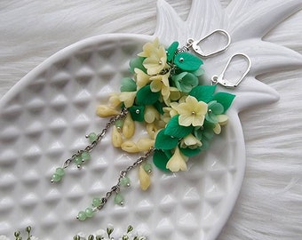 Long floral earrings l Unique gift for women l Handmade earrings with yellow and green flowers of polymer clay l Spring summer accessories