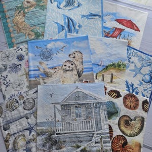 Ten mixed different Paper Napkins for Decoupage Art Crafts | Summer Sea side Boats Wave Beach house Sea life animals Shell decorating MIX10