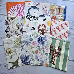 Set di 9 tovaglioli di carta misti per decoupage, arte e artigianato / Mare, conchiglie, spiaggia, cavalluccio marino, nautico, aragosta rossa MIX9