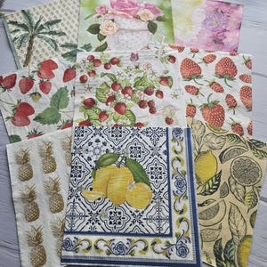 Set di 9 tovaglioli di carta misti per decoupage, artigianato artistico / decorazioni estive con frutta, limone, fragola e fiori MIX9