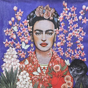 Set di 3 unità di tovaglioli di carta per decoupage / lavori di carta / Desperada / Frida con scimmia nera e orchidee su sfondo viola A