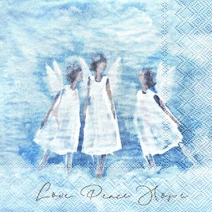 Set of 3 units Paper Napkins for Decoupage Art | Paper Tissue craft | Painted Three Angels on blue | Love Peace Hope | Christmas decor BO22
