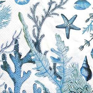 2 peças de guardanapos de papel grandes para arte de decoupage | Artesanato de papel de seda | Guardanapos de decoupage de conchas do mar Estrelas do mar Plantas marinhas vida em azul F0