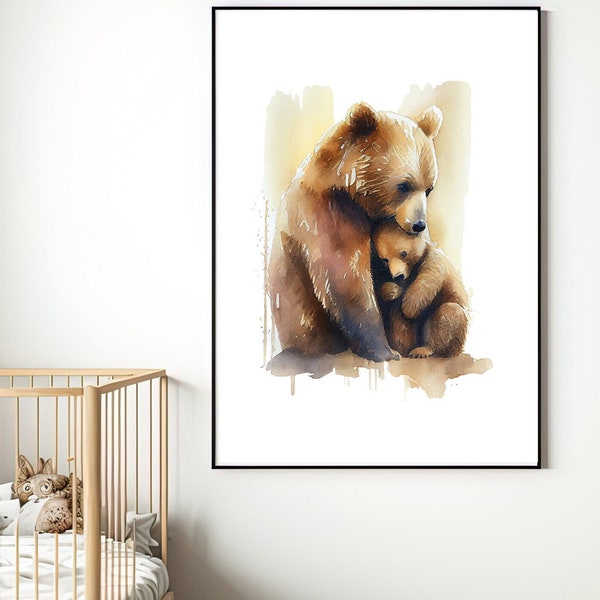 Momma Bear and Baby Cub Watercolor Print - Instant Digital Download, Nursery Wall Art, Cute Animal Illustration, Mother's Day Gift