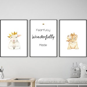 Nursery Fine Art Animal Prints | Baby Lion Cub with Crown , Lamb set of 3 | Kids Wall Art, Unisex Bedroom Decor, New Baby, Christening Gift