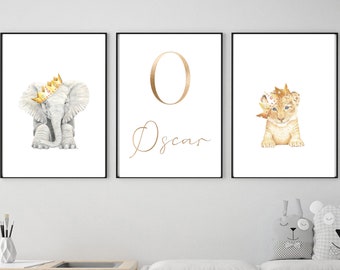 Personalised Safari Nursery Prints Lion Cub with Crown Art, Baby Elephant, Zebra, Lion or Lioness | Gold Foil Customized Text