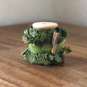 Op de afbeelding: Een spoel met groen bladvormig lint met een houten kern en een kleine houten klem die het lint op zijn plaats houdt.
