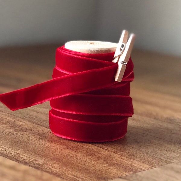 3/8” Red Velvet Ribbon on Wood Spool - 15ft (5yds)