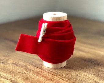 1” Wide Velvet - Red Velvet Ribbon on Wood Spool - 7.5ft / 15ft