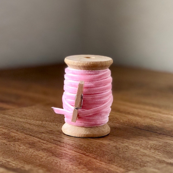 1/8” Thin Ribbon - Pink Velvet Ribbon on Wooden Spool - 15ft