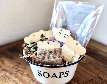 Vintage Style “Soaps” Enamel Bowl, DIY Gift Basket, Farmhouse Decor