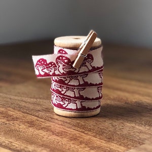 Embroidered Ribbon Trim, Mushroom Ribbon,Double Sided Embroidery,Embroidered Trim,Red and White Mushroom,Amanita,Alice in Wonderland